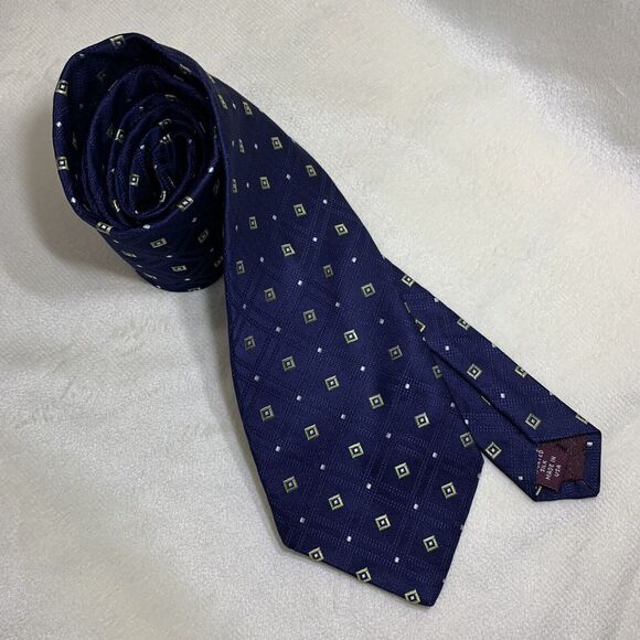 Nordstrom Necktie Silk Navy Blue Yellow Tie Geometric Diamonds Squares USA Corp - Picture 7 of 9